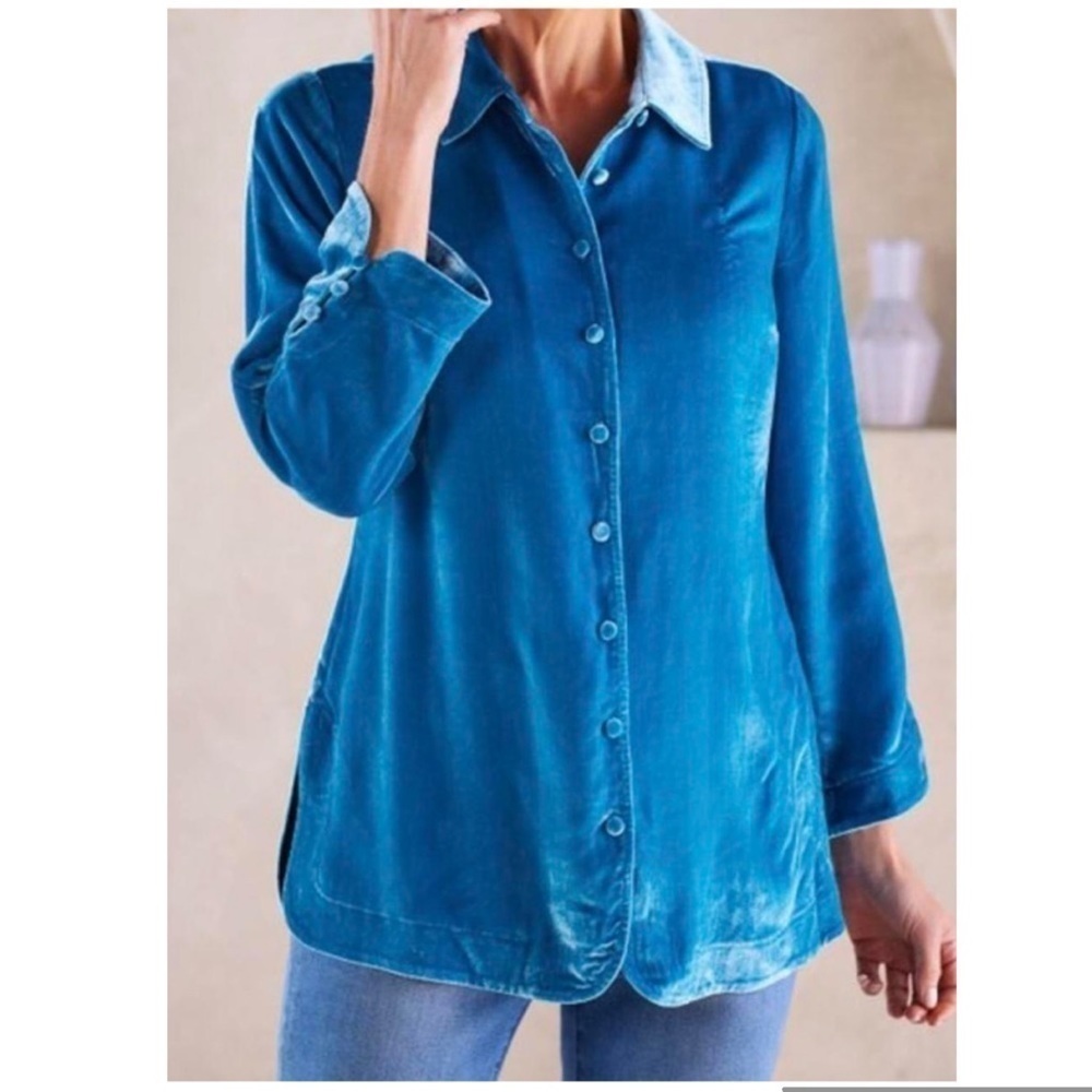 Soft Surroundings Soft Teal Velvet Velour Button Down Silk Blend Shirt